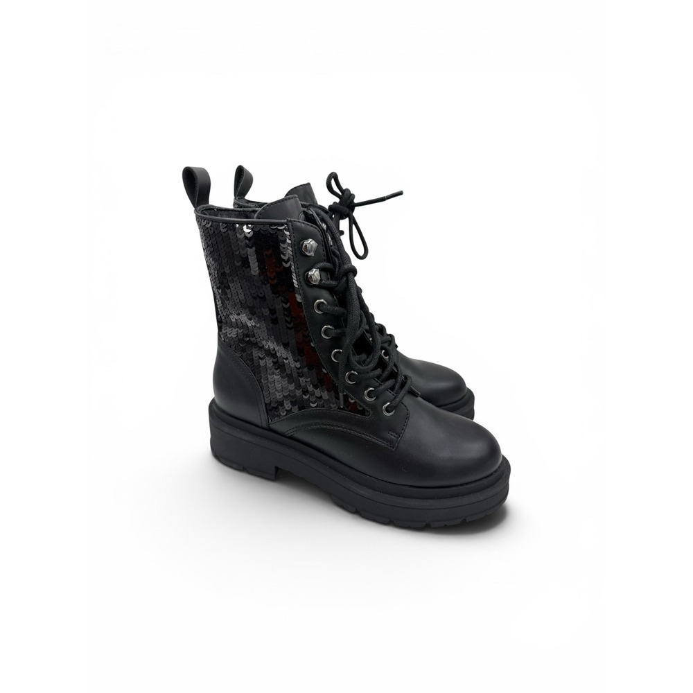 Nine West Womens Black Sequin Combat Boots Lace Up Lug Sole Side Zip Size 6M